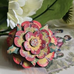 Handcrafted Layered Floral Brooch in Red, Yellow & Green